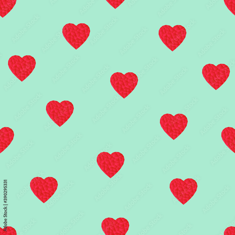 Vector seamless pattern. Red heart in low poly style on a blue mint background. For logos, icons in the form of social networks, holiday cards, wedding invitations.
