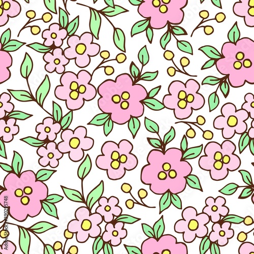 Delicate calm floral vector seamless pattern. Small pink flowers, green leaves on a white background. For prints of fabric, textile products, clothing