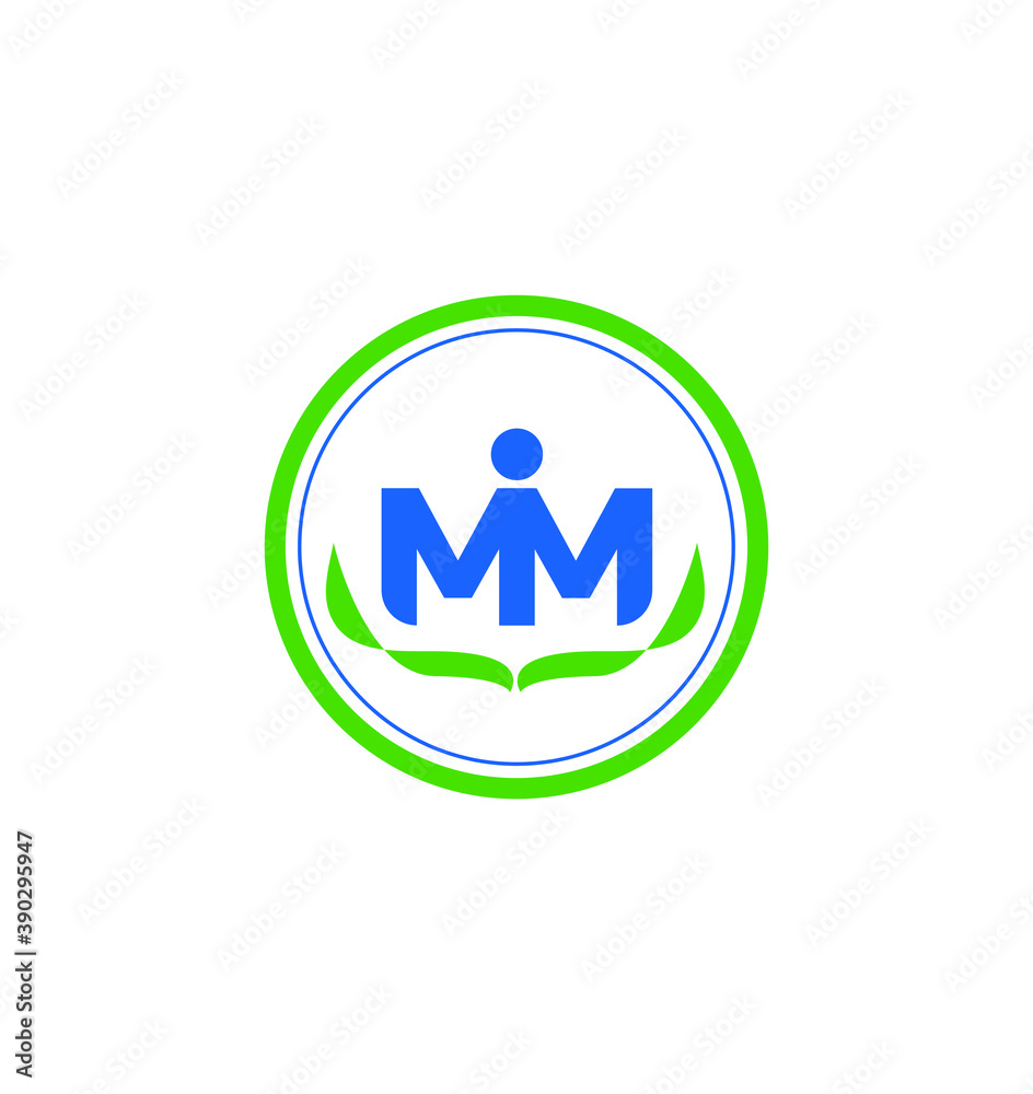 Letters MIM logo in a green circle with two leaves on white background. MIM monogram. Letters MIM logo in a green circle with two leaves on white background. MIM monogram.