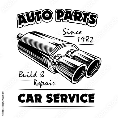 Auto parts vector illustration. Chrome double exhaust pipe, build and repair text. Car service or garage concept for emblems or labels templates