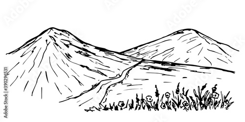 Simple hand-drawn vector black and white sketch. Mountain landscape, river, gorge, flowers and grass in the foreground. Nature, tourism and travel.