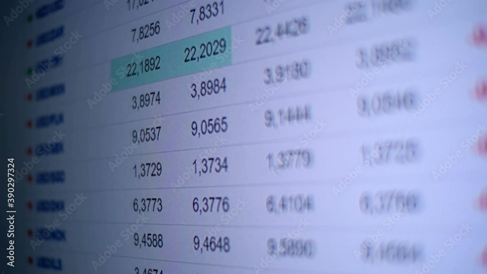 The table of currency pairs shows how much the currency rate is falling or growing, which is also indicated by red or green. Helps the trader to complete trades. Closeup
The table of currency pairs shows how much the currency rate is falling or growing, which is also indicated by red or green. Helps the trader to complete trades. Closeup