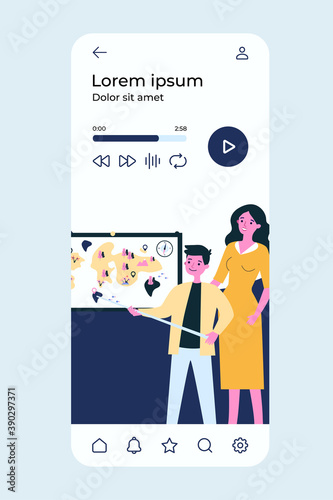 Pupil standing with pointer near map and teacher. Geography, compass, lesson flat vector illustration. Study and education concept for banner, website design or landing web page