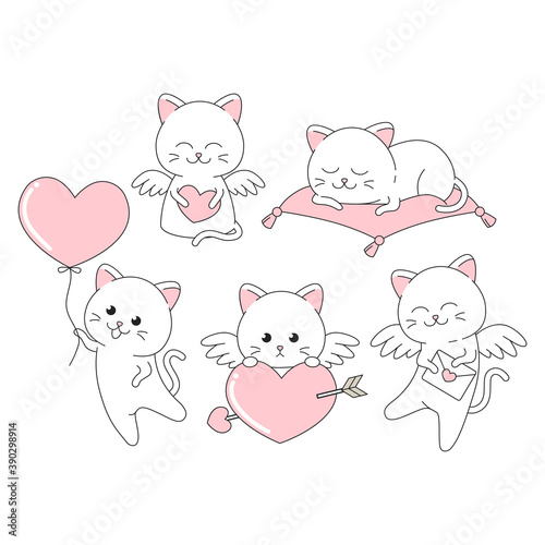 Valentine cute cat sticker with many pose vector