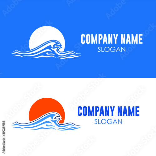 Abstract water wave vector logo concept with sun element. Swimming, surf, villa, cosmetic business template