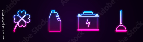 Set line Four leaf clover, Household chemicals bottle, Car battery and Rubber plunger. Glowing neon icon. Vector.