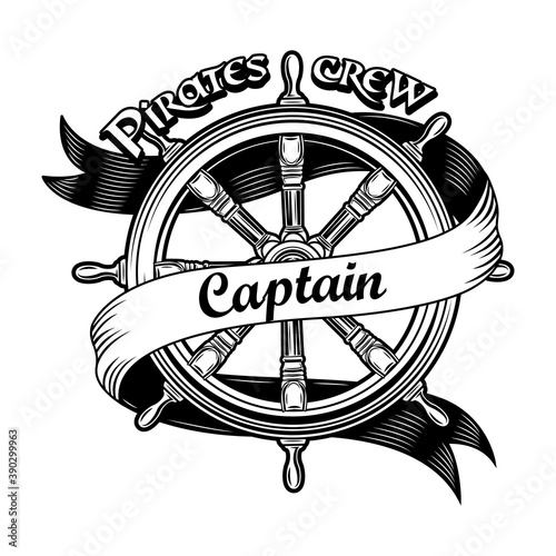 Ship insignia vector illustration. Vintage wooden rudder with pirate crew captain text. Nautical adventure or treasure hunting concept for emblems or labels templates