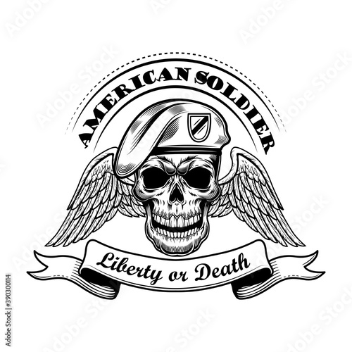 American soldier in beret vector illustration. Skull with wings and liberty or death text. Military or army concept for emblems or tattoo templates