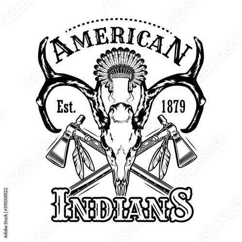 American Indians hunting vector illustration. Head of horned animal, feather headdress, crossed axes, text. Native Americans and Red Indian concept for emblems or labels templates