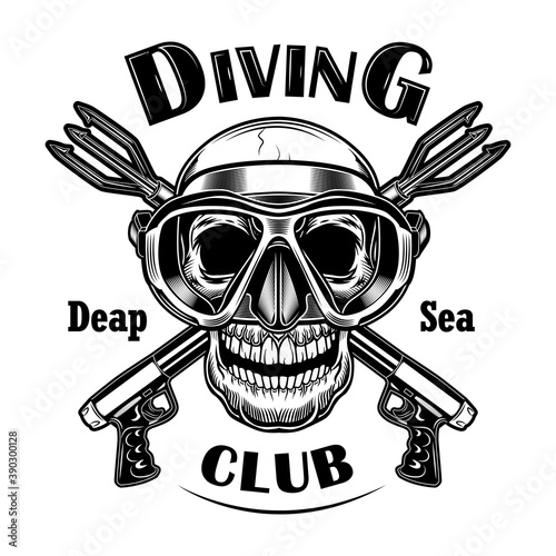 Underwater hunter vector illustration. Skull in mask with crossed stun guns, deep sea text. Seaside activity concept for diving club emblems or labels templates
