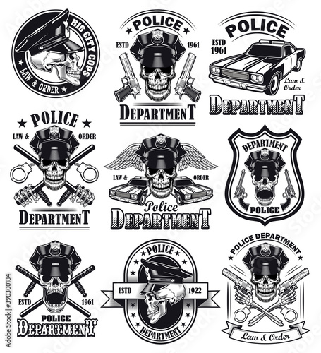 Vintage badge for police department vector illustration set. Monochrome skulls in policeman cap with guns. Law and order concept can be used for retro template, banner or poster