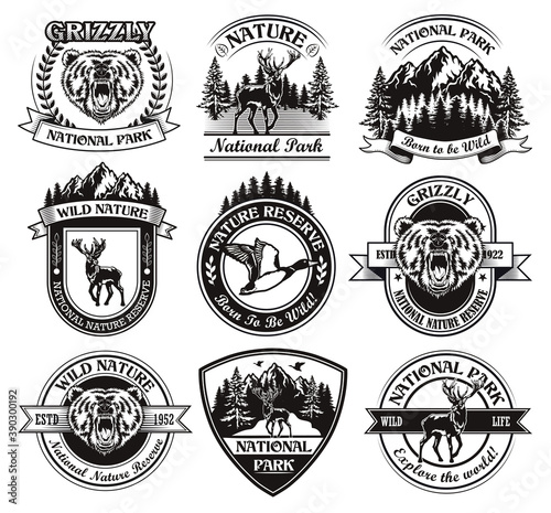 Monochrome national park emblems vector illustration set. Vintage signs or sticker with animals and landscape. Wild nature and adventure concept can be used for stickers and badges