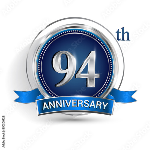 Celebrating 94th anniversary logo, with silver ring and ribbon isolated on white background.