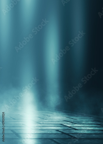 Dark abstract background. Empty dark street background at night. Spotlight reflects on the asphalt. Smoke  fog. 3d illustration