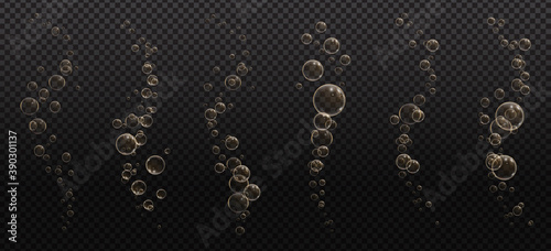 Gold fizzy bubbles. Sparkles champagne. Fizzy pop and effervescent drink. Abstract fresh soda and air bubbles, oxygen, champagne crystal. Vector illustration on black transparent background.