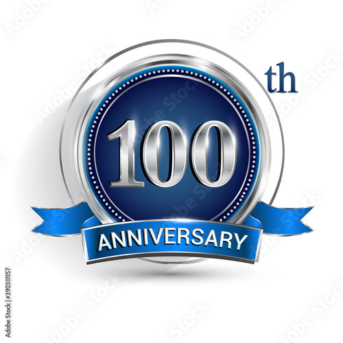 Celebrating 100th anniversary logo, with silver ring and ribbon isolated on white background.