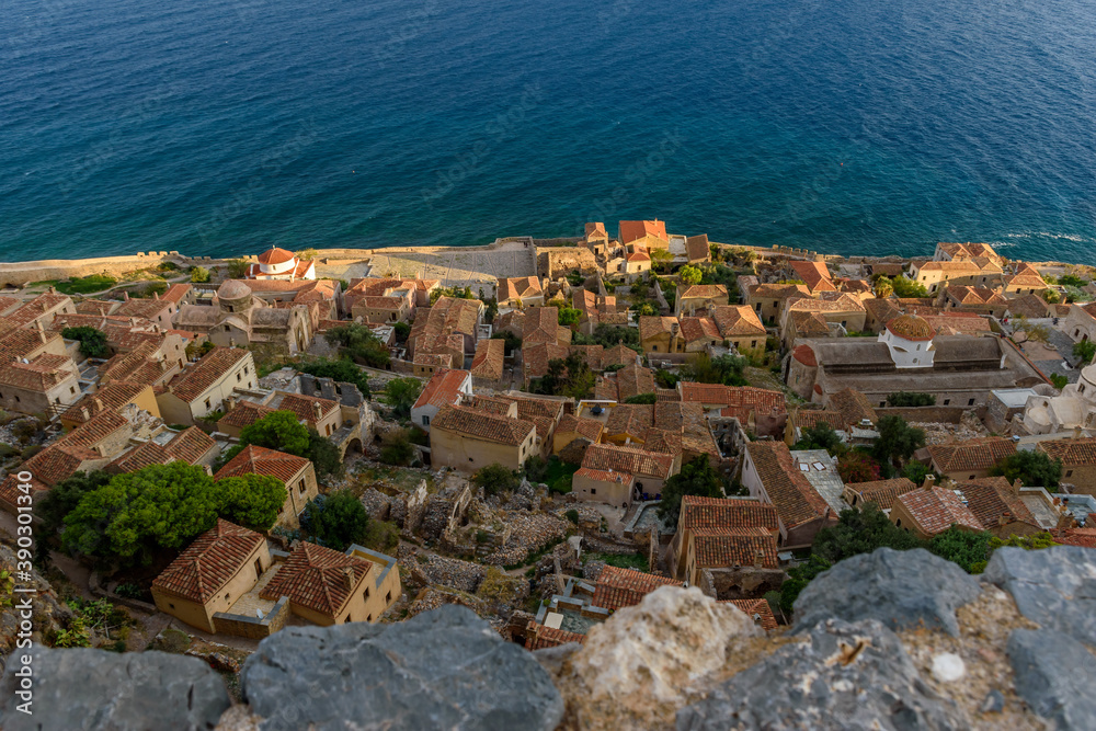 View from upper town  the medieval  castle of Monemvasia, Lakonia, Peloponnese.