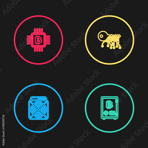Set line ASIC Miner, Proof of stake, Cryptocurrency key and CPU mining farm icon. Vector.