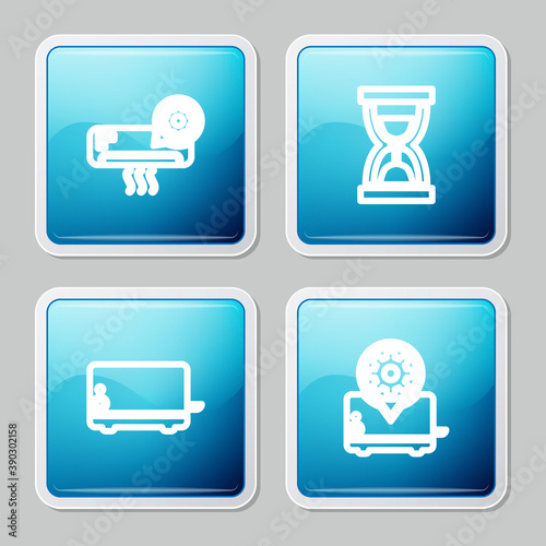 Set line Air conditioner setting, Old hourglass with sand, Toaster and icon. Vector.