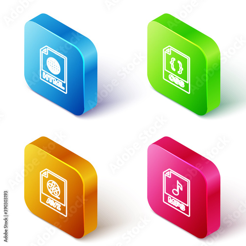 Set Isometric line HTML file document, CSS, AVI and MP3 icon. Vector.