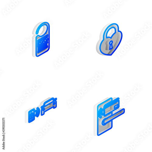 Set Isometric line Castle in the shape of heart, Please do not disturb, Smart car alarm system and Digital door lock with wireless icon. Vector.