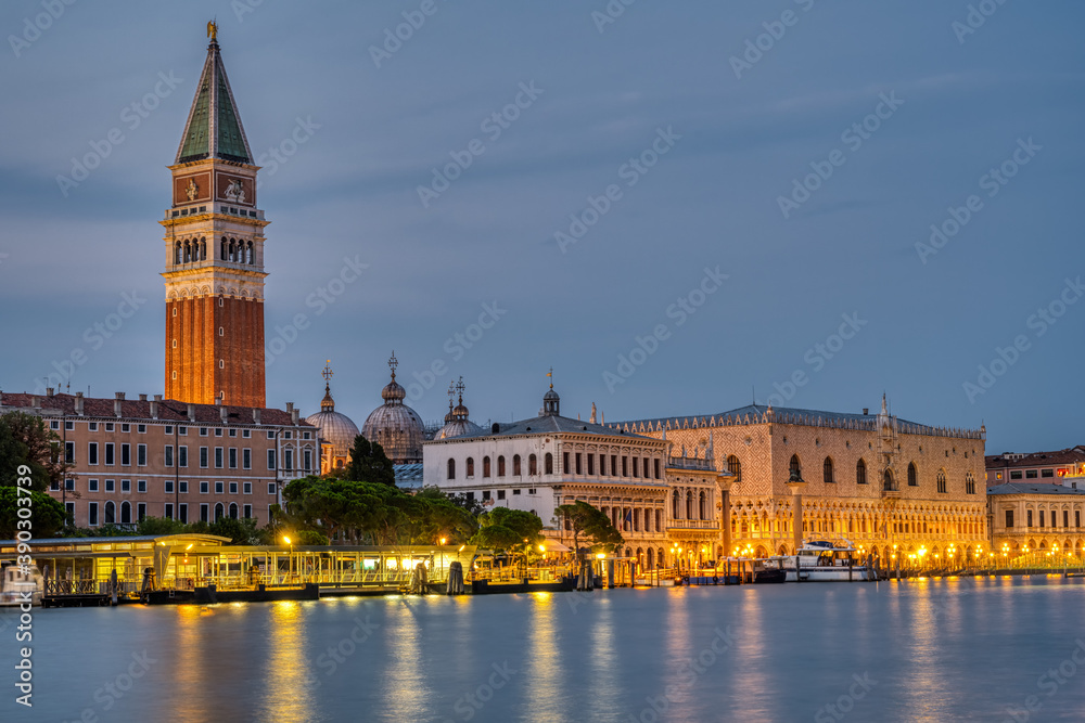 View to Piazza San Marco in Venice at night with the famous Campanile