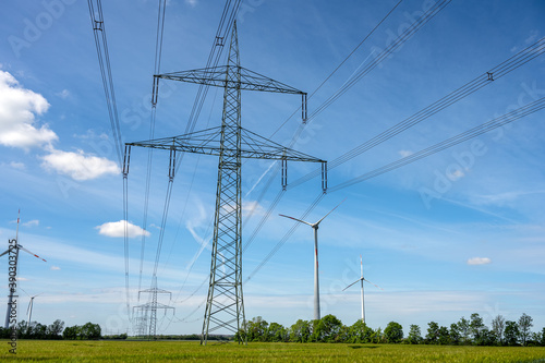 Electricity pylons and power lines seen in rural Germany