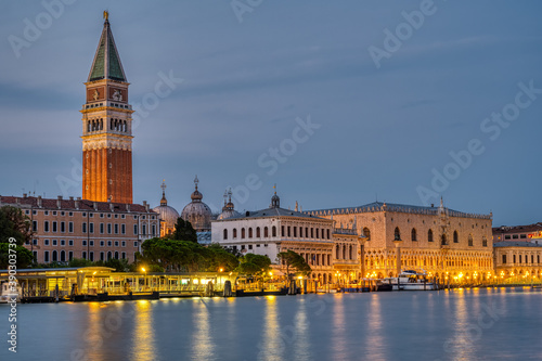 View to Piazza San Marco in Venice at night with the famous Campanile