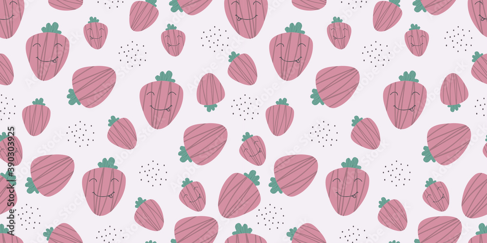 Seamless background with fruits. Vector illustration. Suitable for fabric, wallpaper, kitchen design. Strawberries in a cartoon style Seamless background with fruits. Vector illustration. Suitable for fabric, wallpaper, kitchen design. Strawberries in a cartoon style