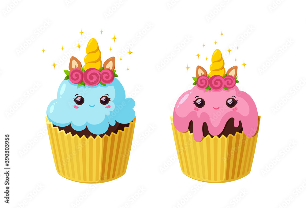 Unicorn cupcakes with shiny icing. Kawaii fairy cakes in paper cup. Tasty desserts with horn and eyes. Vector illustration in cute cartoon style