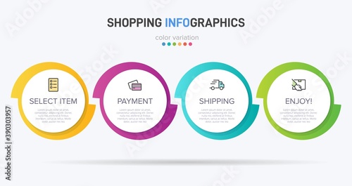 Concept of shopping process with 4 successive steps. Four colorful graphic elements. Timeline design for brochure, presentation, web site. Infographic design layout.