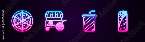 Set line Pizza, Fast street food cart, Glass with water and Burrito. Glowing neon icon. Vector.