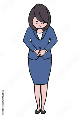 グレーのスーツ　お辞儀をする女性