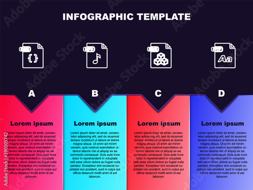 Set line CSS file document, MP3, 3DS and OTF. Business infographic template. Vector.