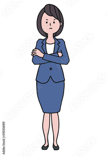 グレーのスーツ　怒る女性　腕を組む