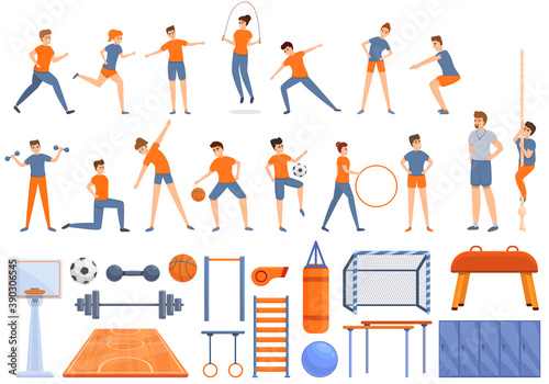 School gym icons set. Cartoon set of school gym vector icons for web design