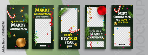 Editable Christmas and New Year stories vector template for social media. Instagram	