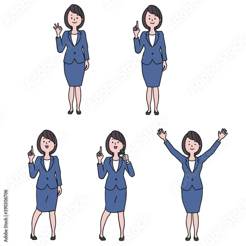 グレーのスーツを着た女性　セット（OK,人差し指を立てる、両手を上げる）