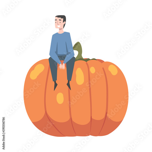 Little Man Sitting on Top of Huge Ripe Pumpkin Vector Illustration