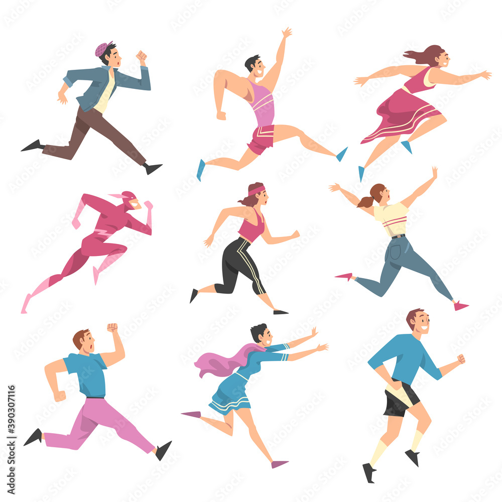 People Characters Running and Pushing Forward in a Hurry Vector Illustration Set