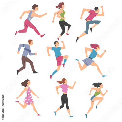 People Characters Running and Pushing Forward in a Hurry Vector Illustration Set