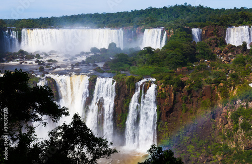 Complex of waterfalls  Cataratas del Iguazu  on Iguazu River on border of Brazil and Argentina