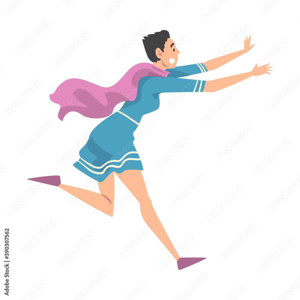 Frightened Young Woman in Blue Dress Running Away Cartoon Style Vector Illustration Frightened Young Woman in Blue Dress Running Away Cartoon Style Vector Illustration