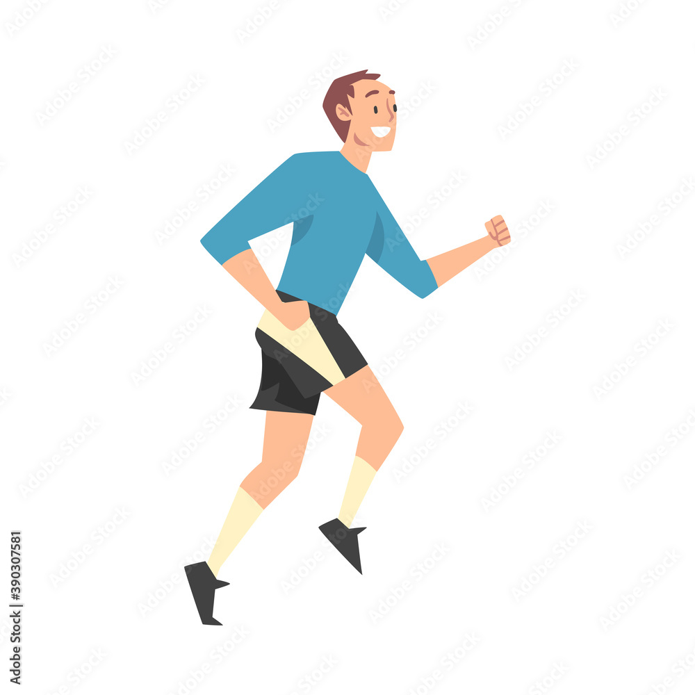 Smiling Man in Sportswear Jogging or Running, Sports Competition, Outdoor Morning Workout, Healthy Active Lifestyle Cartoon Style Vector Illustration