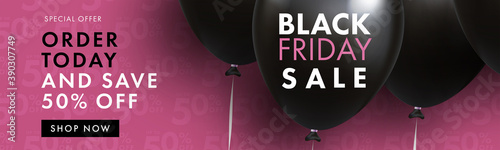Black friday sale banner, poster, flyer design with black 3d realistic flying balloons on pink background with 50 percent discount pattern. Modern design template for advertising, social, fashion ad