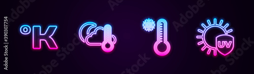 Set line Kelvin, Thermometer and cloud, moon, Meteorology thermometer and UV protection. Glowing neon icon. Vector.