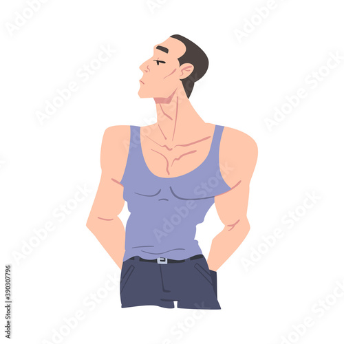 Charismatic Handsome Man Dressed in Sleeveless Tank Top Cartoon Style Vector Illustration