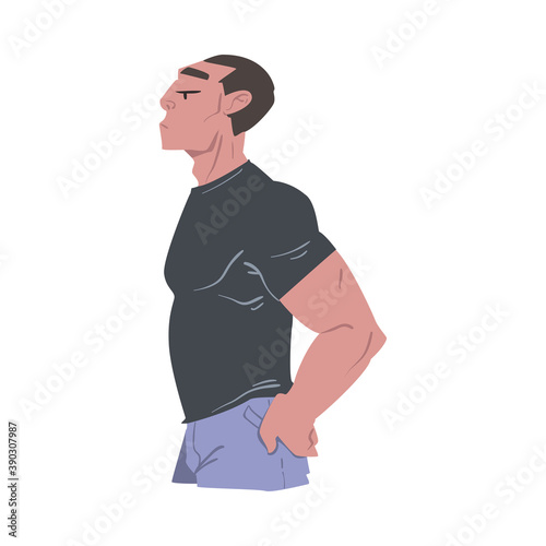 Charismatic Brutal Man Dressed in Black Tshirt Cartoon Style Vector Illustration