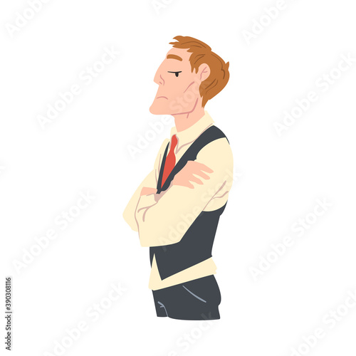 Confident Man Dressed in Elegant Retro Clothes Standing with Folded Arms Cartoon Style Vector Illustration
