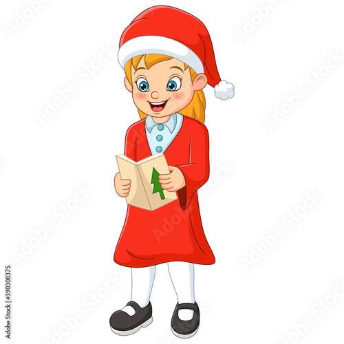Cute little girl wearing Santa clothes singing Christmas carol